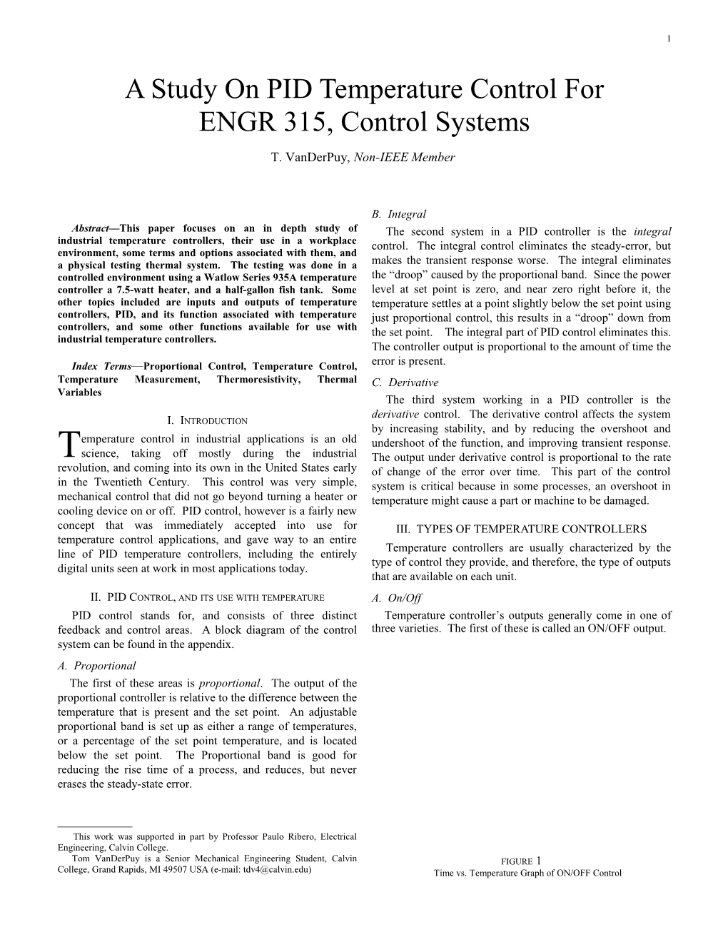 A Study on PID Temperature Control for ENGR 315, Control Systems