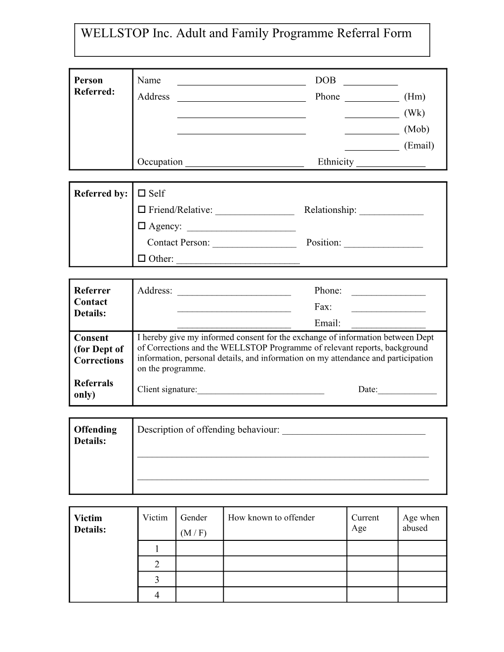 WELLSTOP Inc. Adult and Family Programme Referral Form