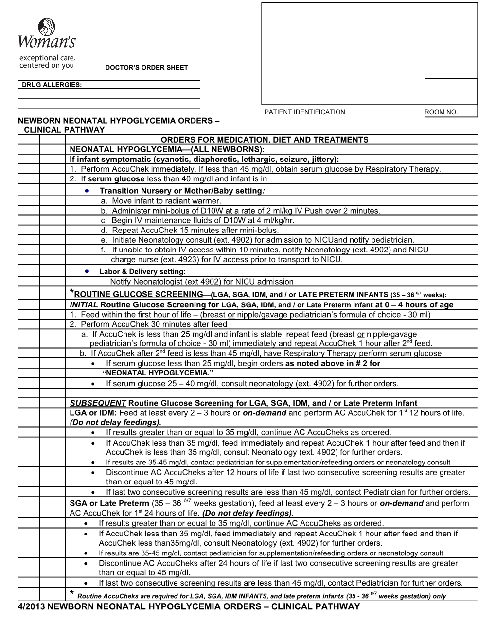 Newborn Neonatal Hypoglycemia Orders 4/2013