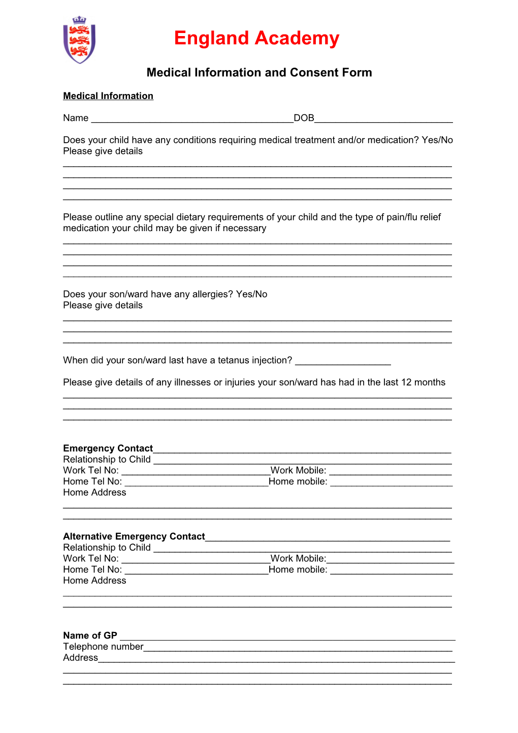 Medical Information and Consent Form