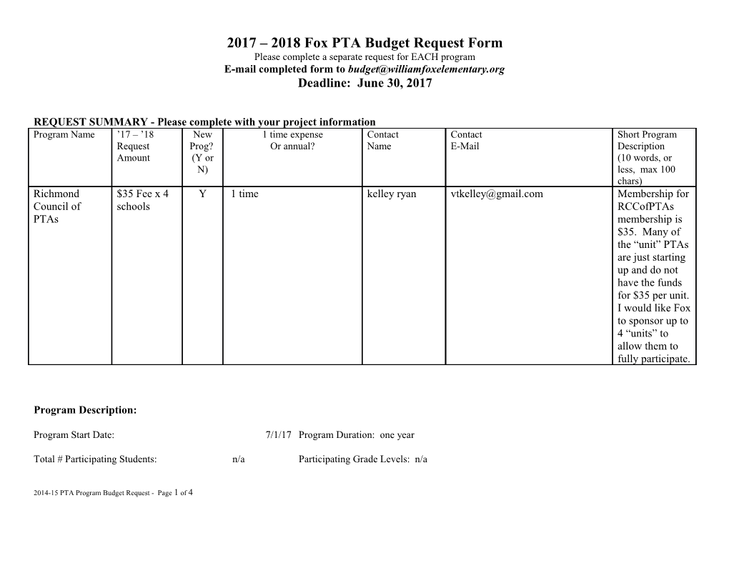 2017 2018 Fox PTA Budget Request Form
