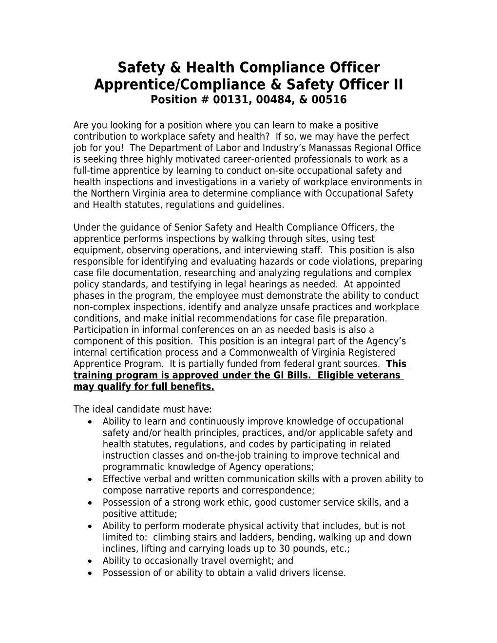 Safety & Health Compliance Officer Apprentice/Compliance & Safety Officer II