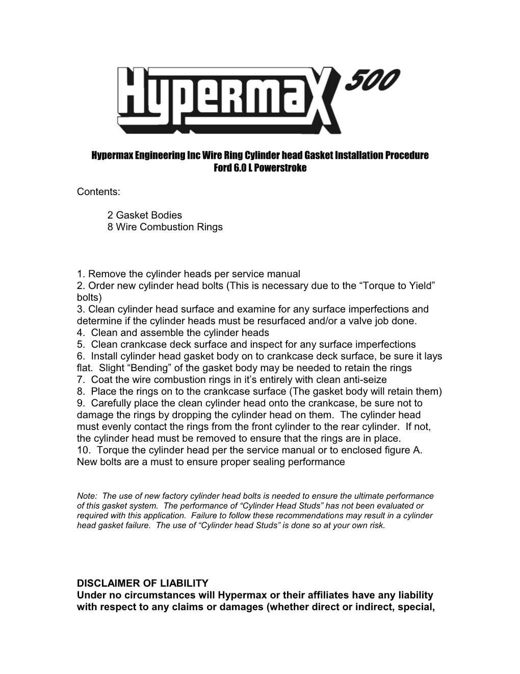 Hypermax Engineering Inc Wire Ring Cylinder Head Gasket Installation Procedure