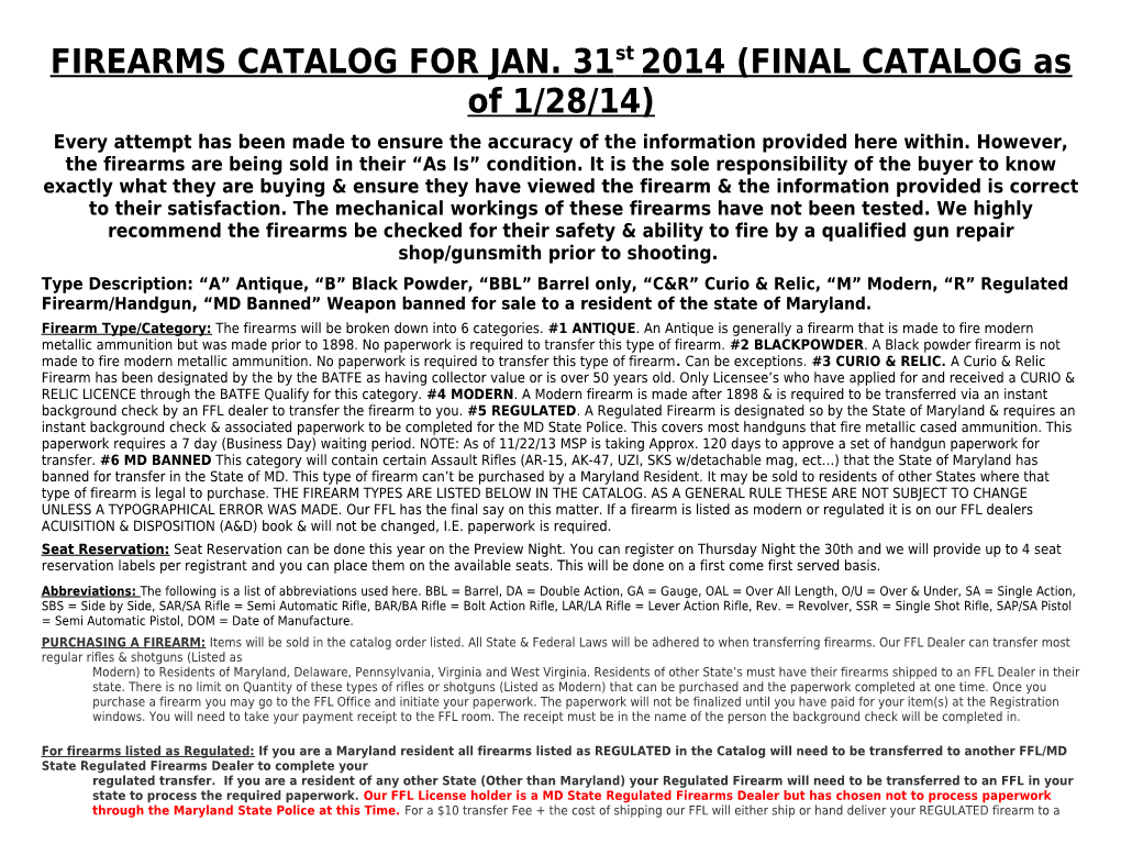 FIREARMS CATALOG for JAN. 31St 2014 (FINAL CATALOG As of 1/28/14)