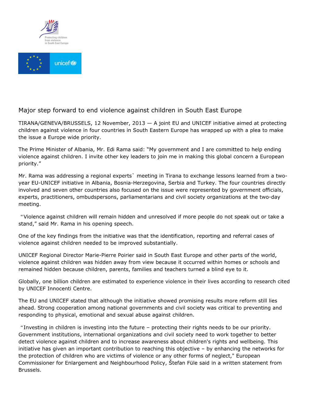 Major Step Forward to End Violence Against Children in South East Europe