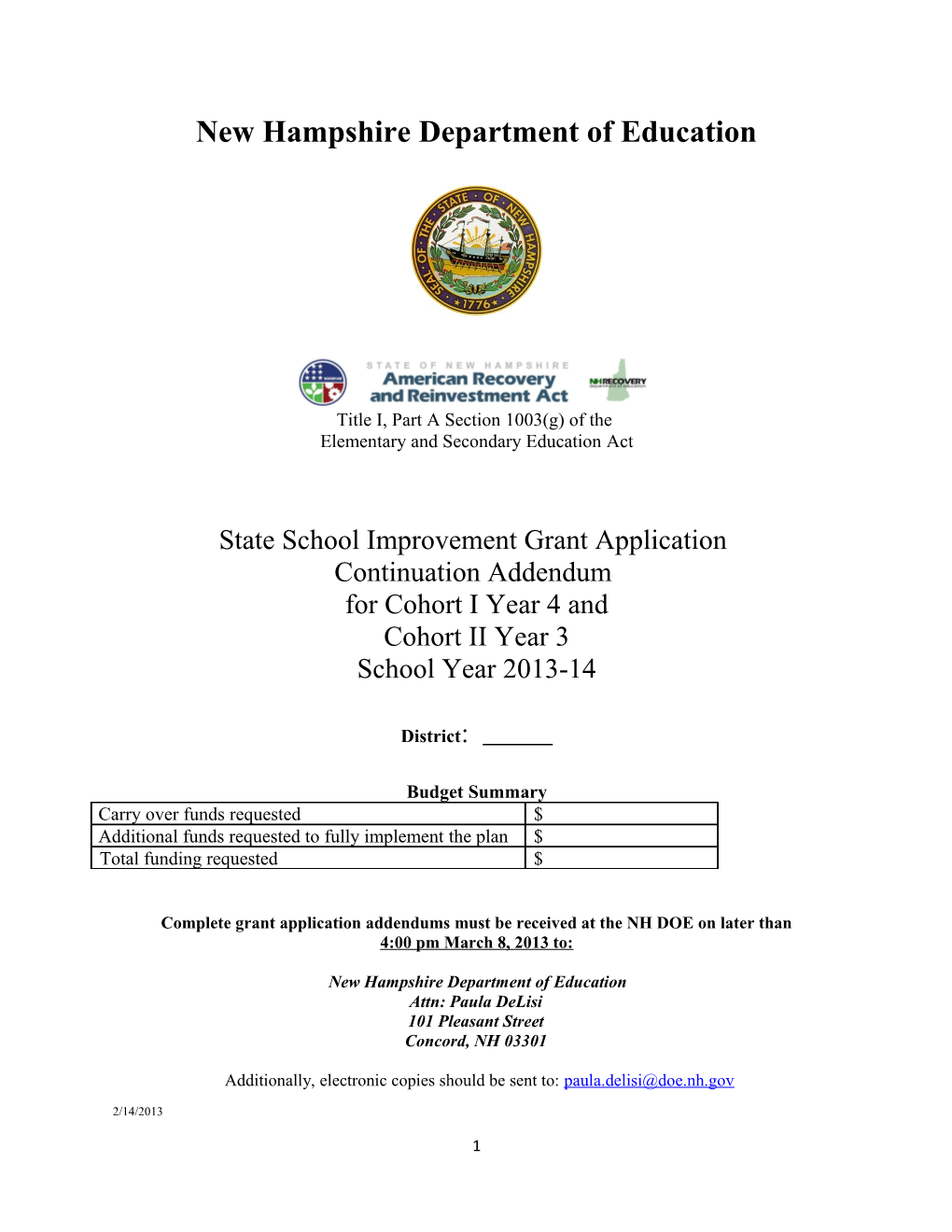 School Improvement Grants Application: Section 1003(G) of the Elementary and Secondary