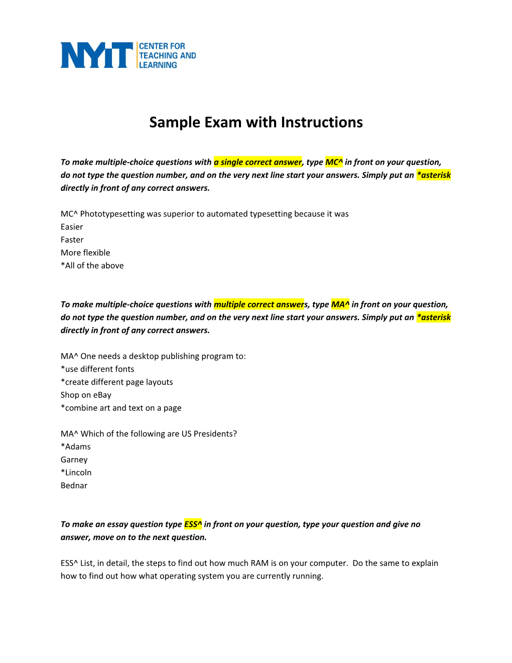 Sample Exam with Instructions