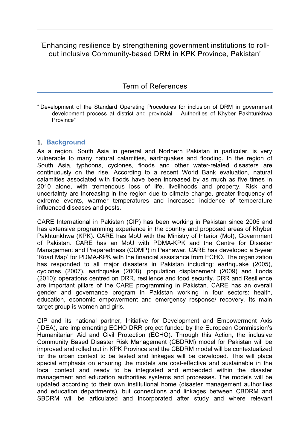 Enhancing Resilience by Strengthening Government Institutions to Roll-Out Inclusive