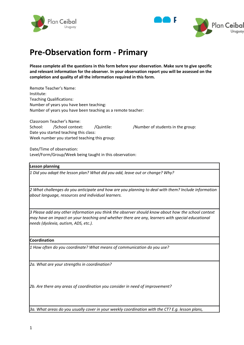 Pre-Observation Form- Primary