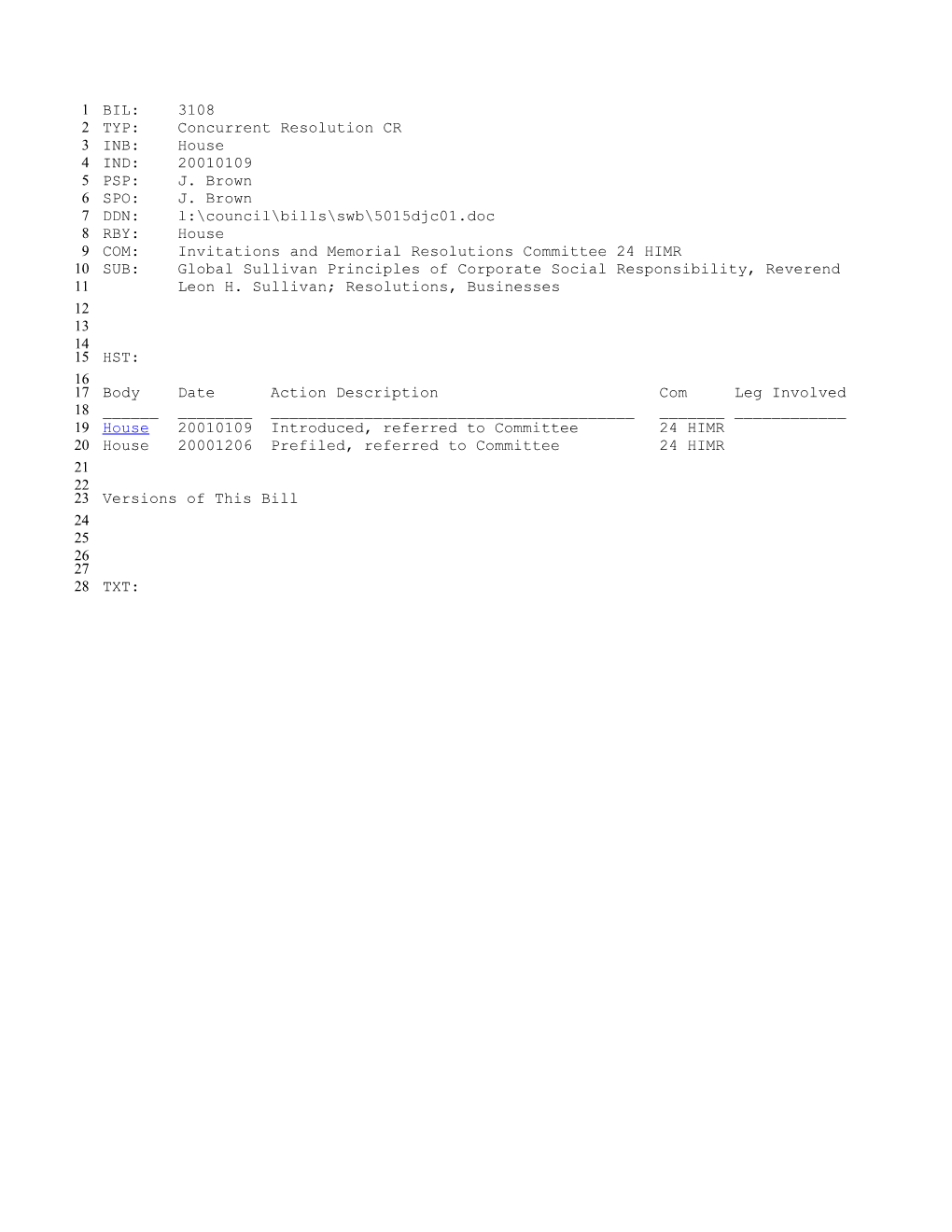 2001-2002 Bill 3108: Global Sullivan Principles of Corporate Social Responsibility, Reverend