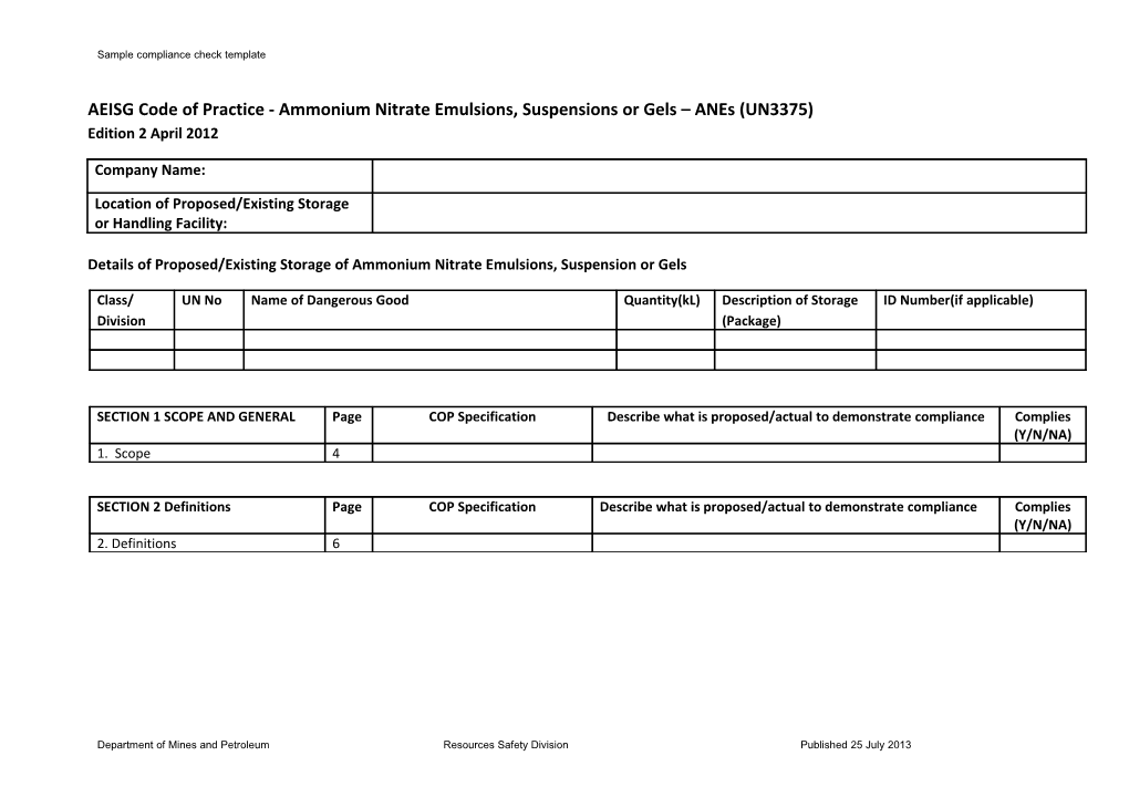 AEISG ANE COP Compliance Check Template