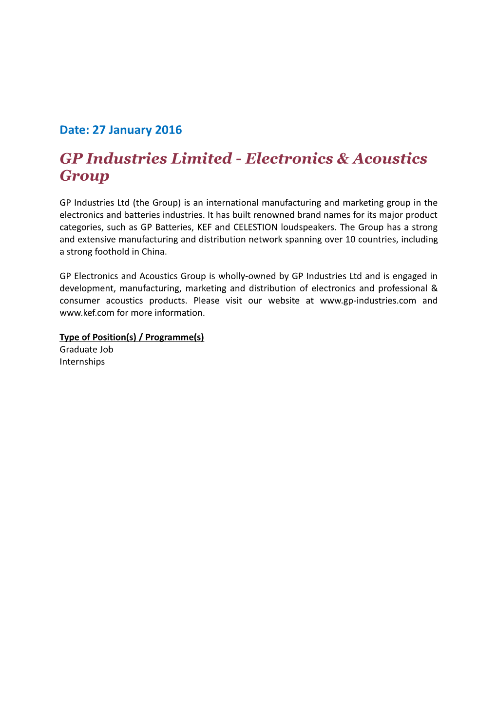GP Industries Limited - Electronics & Acoustics Group