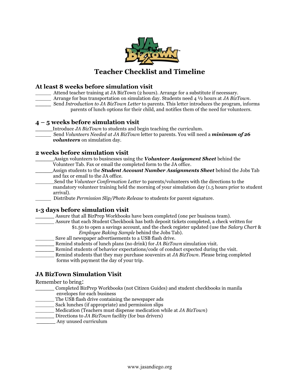 Teacher Checklist and Timeline