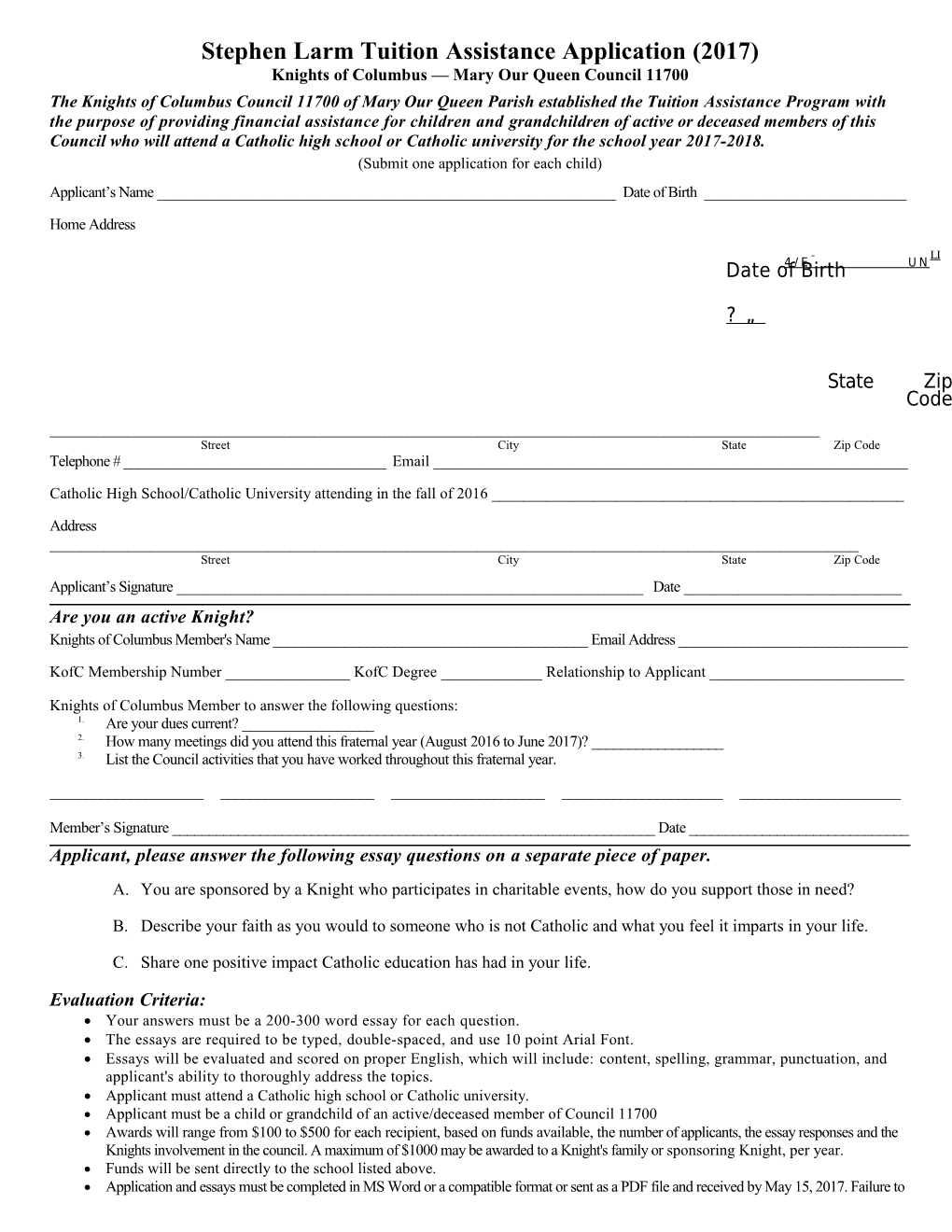 Stephen Larm Tuition Assistance Application (2017) Knights of Columbus Mary Our Queen