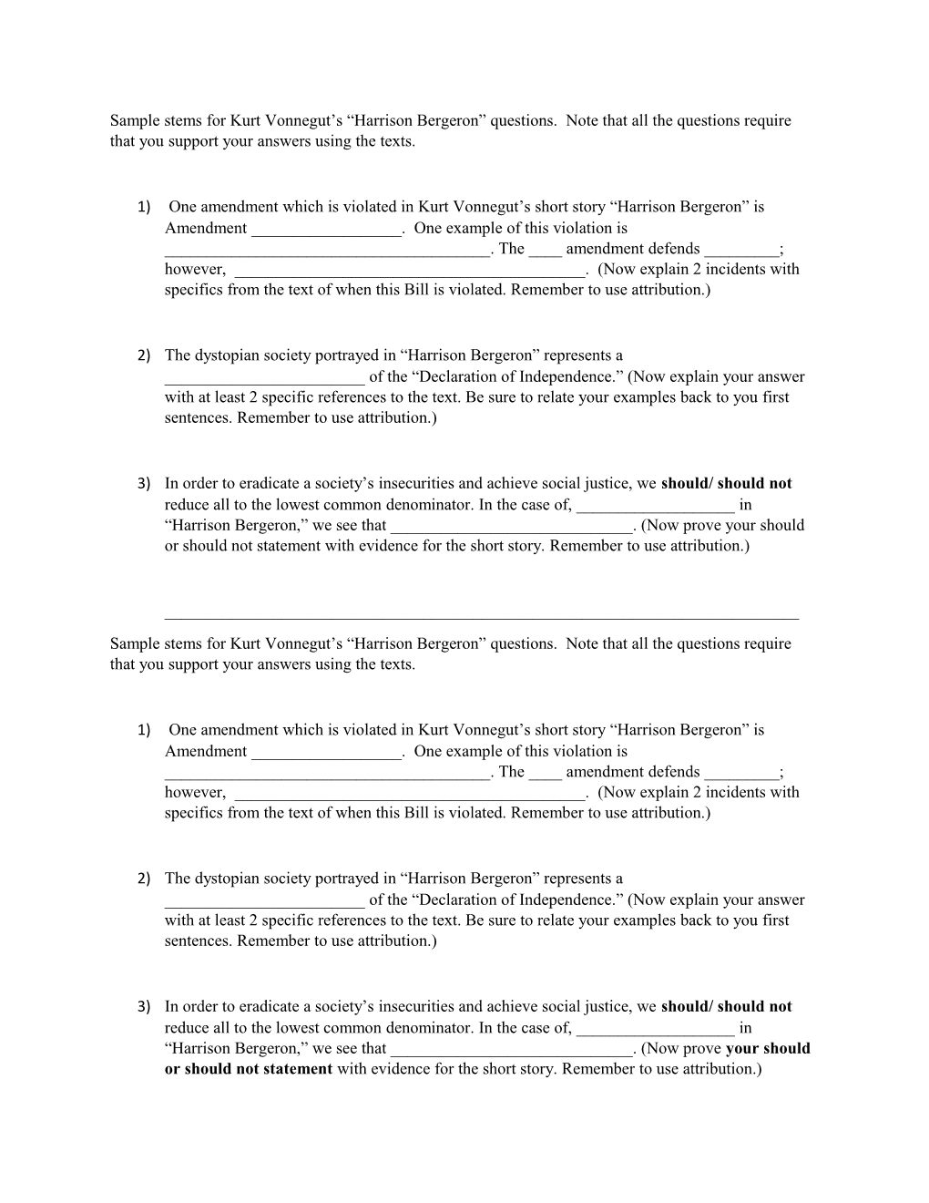 Sample Stems for Kurt Vonnegut S Harrison Bergeron Questions. Note That All the Questions
