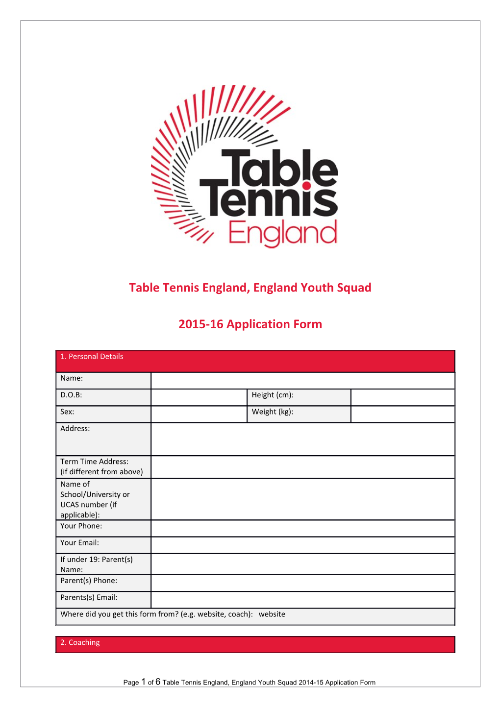 Table Tennis England, England Youth Squad