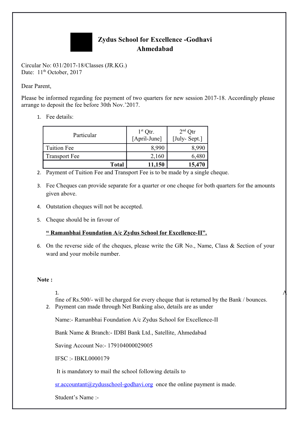 Circular No: 031/2017-18/Classes (JR.KG.)