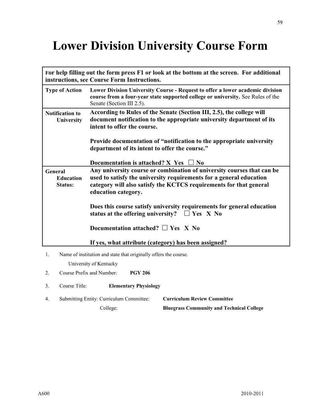Lower Division University Course Form