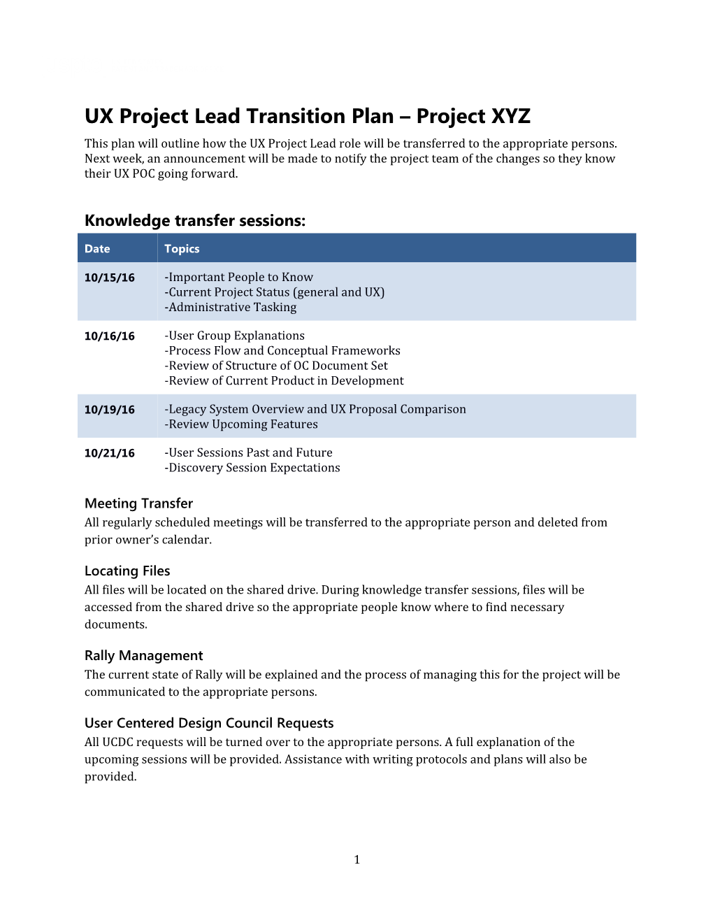 UX Project Lead Transition Plan Project XYZ