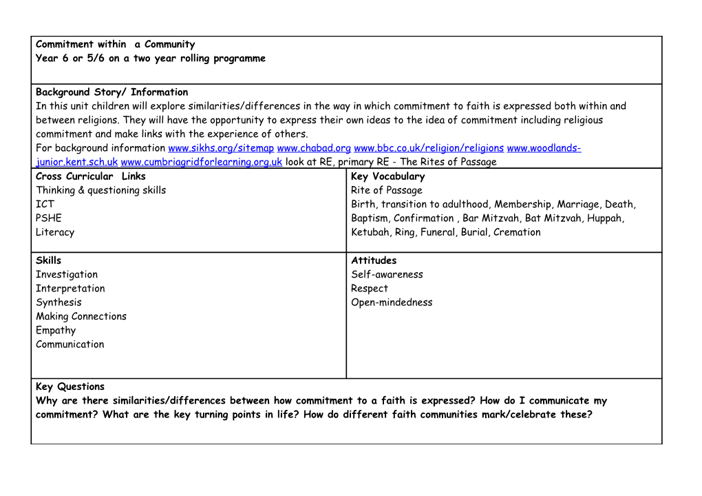 Commitment Within a Community Year 6 Or 5/6 on a Two Year Rolling Programme