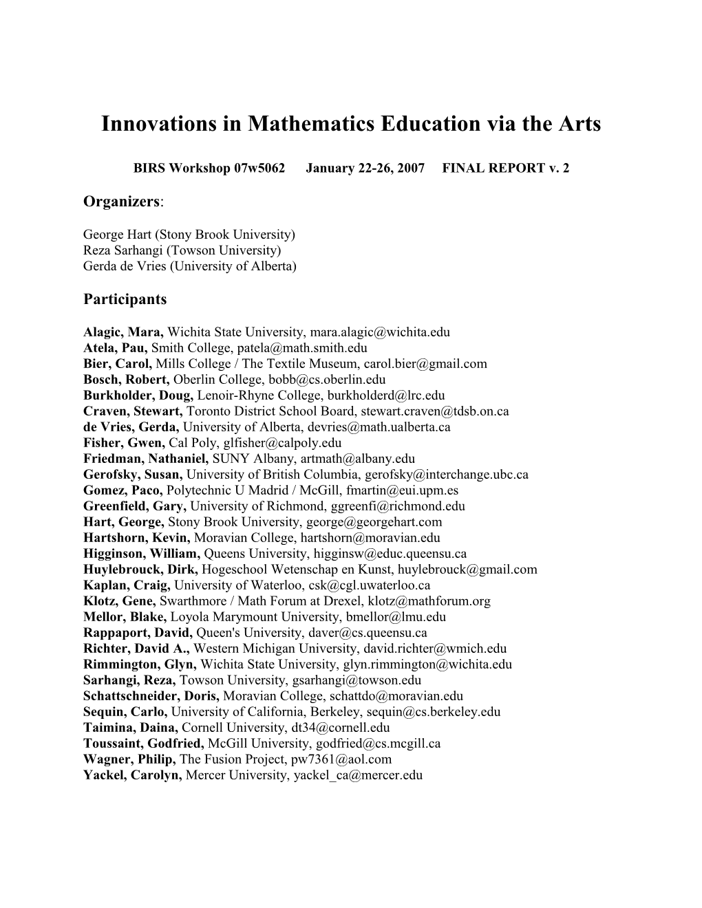 Innovations in Mathematics Education Via the Arts