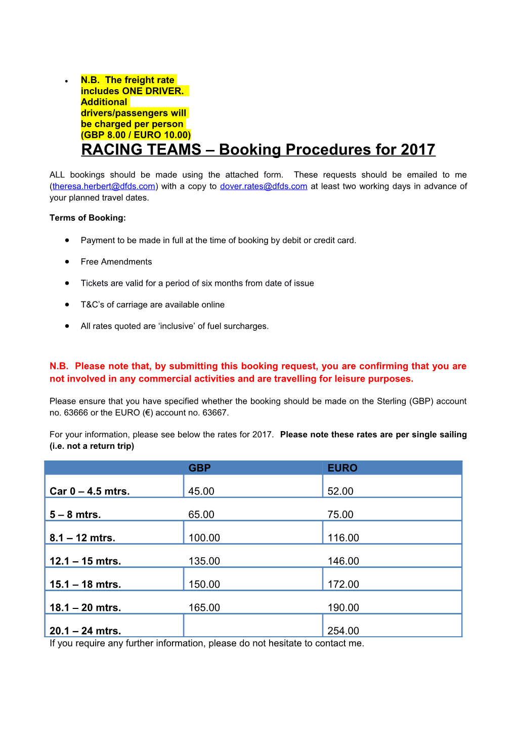 RACING TEAMS Booking Procedures for 2017