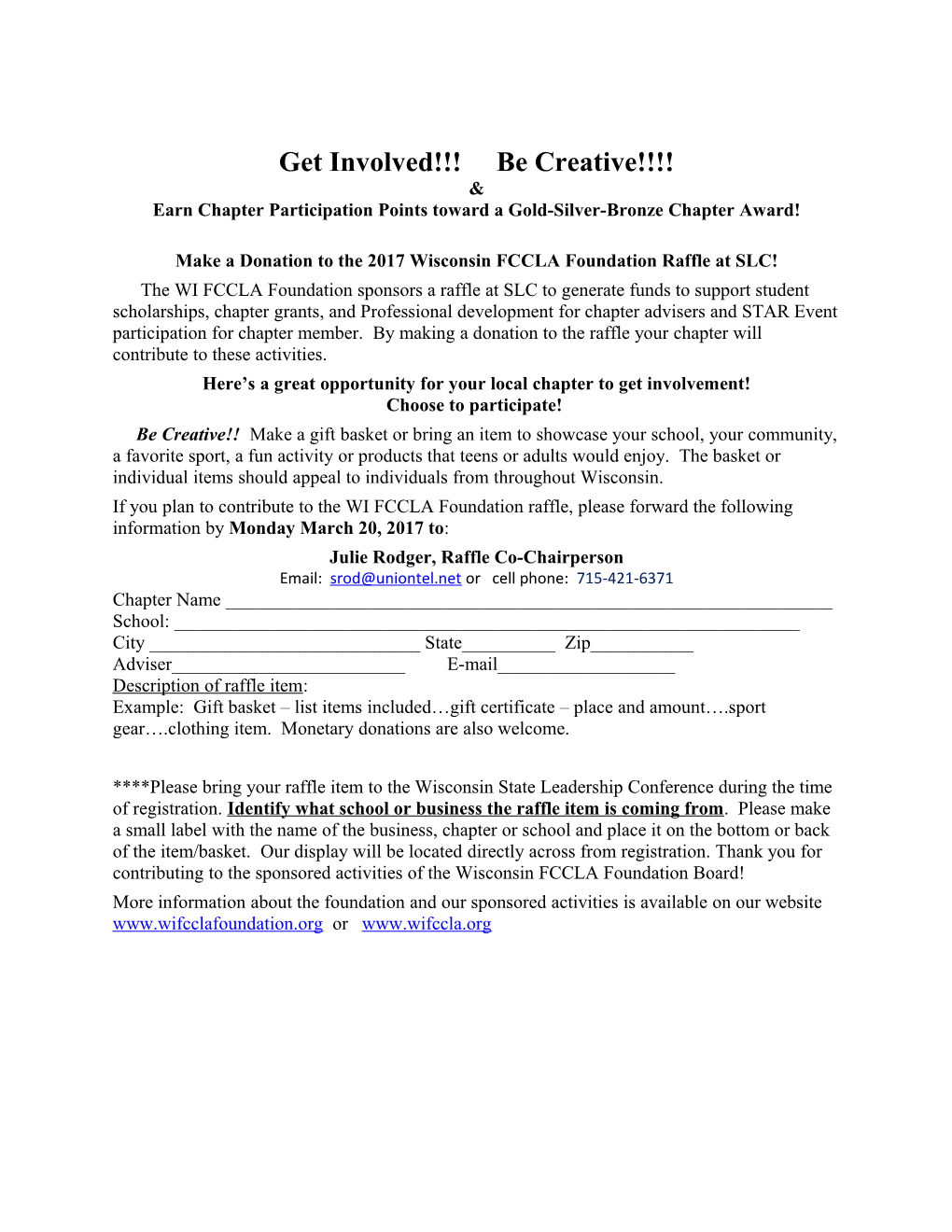 Wisconsin FCCLA Foundation Raffle Form