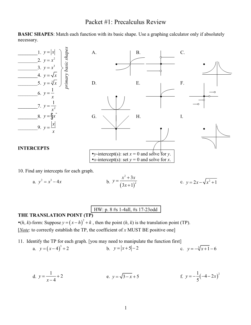 Packet #1: Precalculus Review