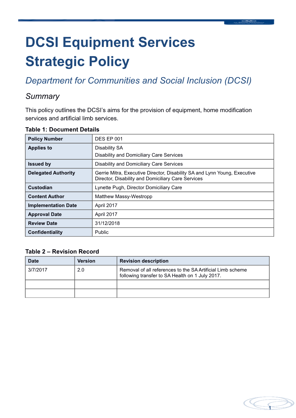 DCSI Equipment Services Strategic Policy