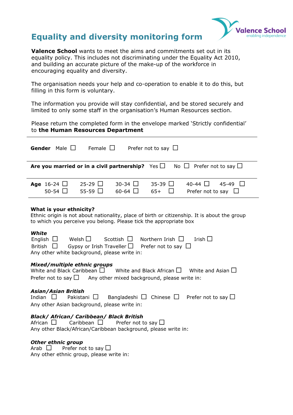 Annex a Sample Equal Opportunities Monitoring Form