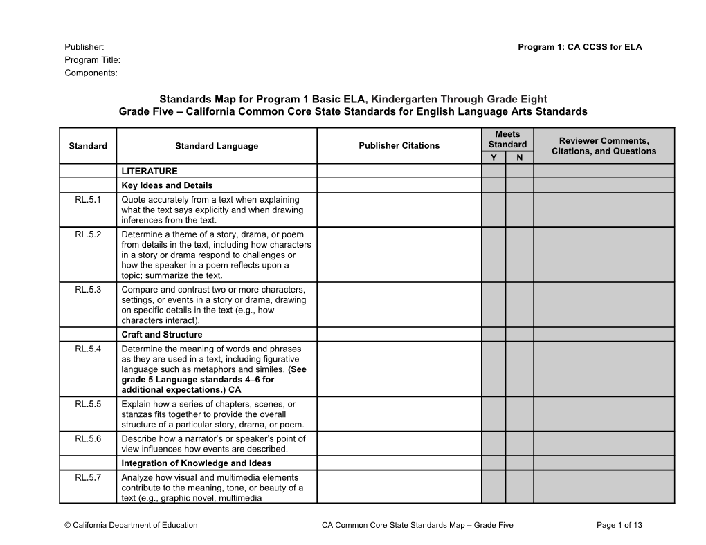 Grade 5 ELA Standards Map - Instructional Materials (CA Dept of Education)