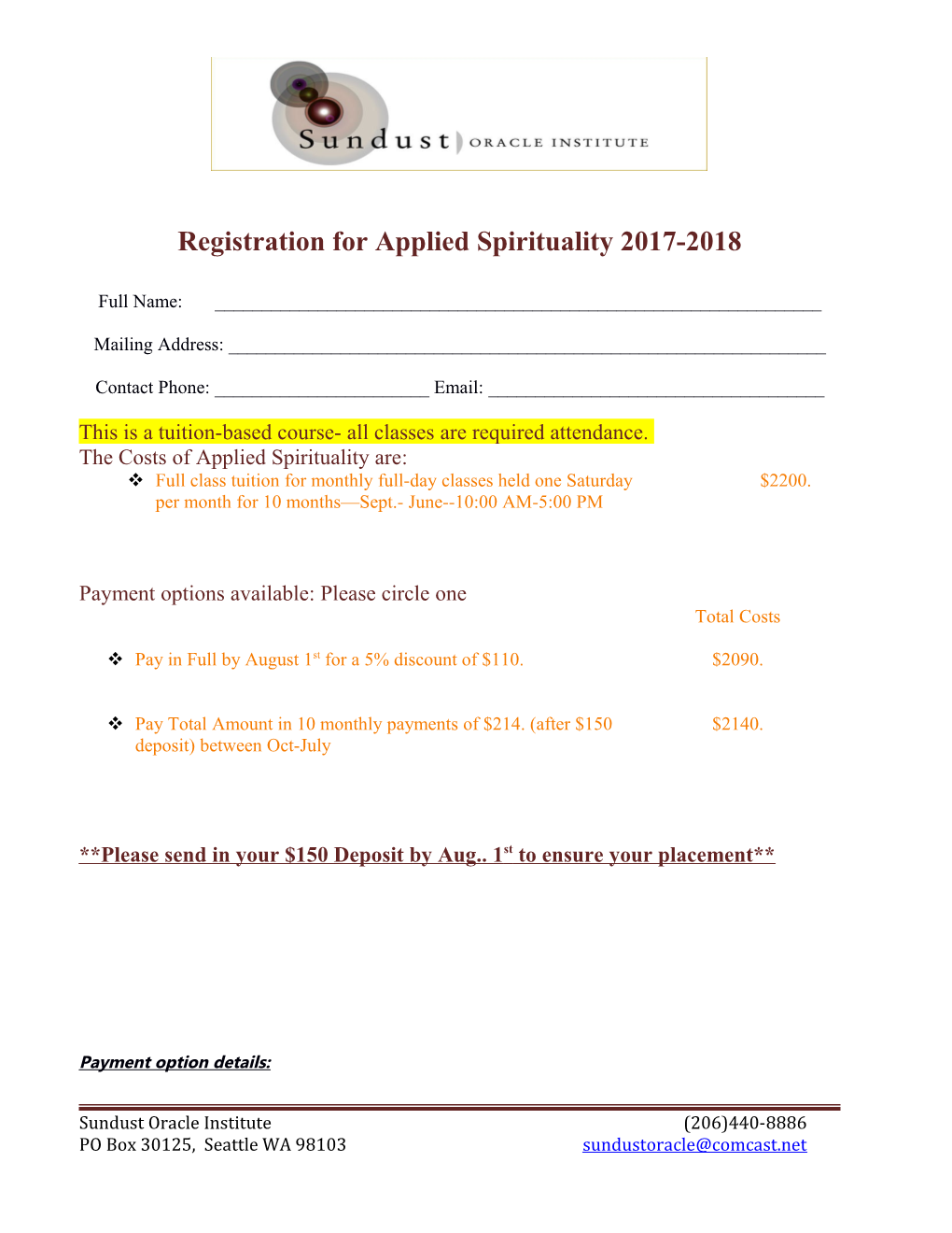 Registration for Applied Spirituality 2017-2018