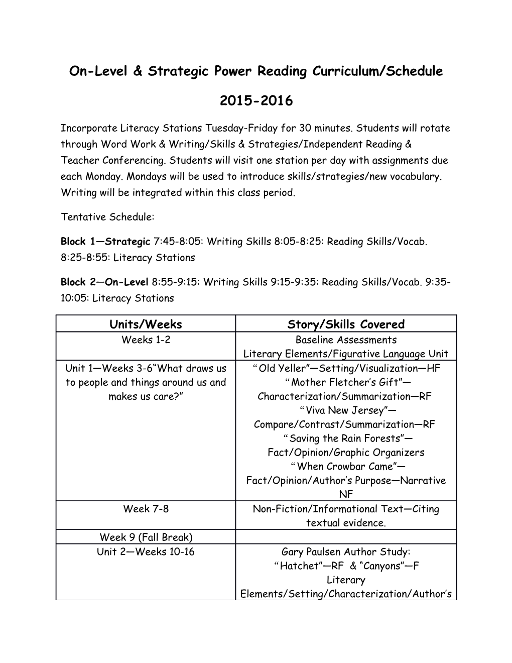 On-Level & Strategic Power Reading Curriculum/Schedule