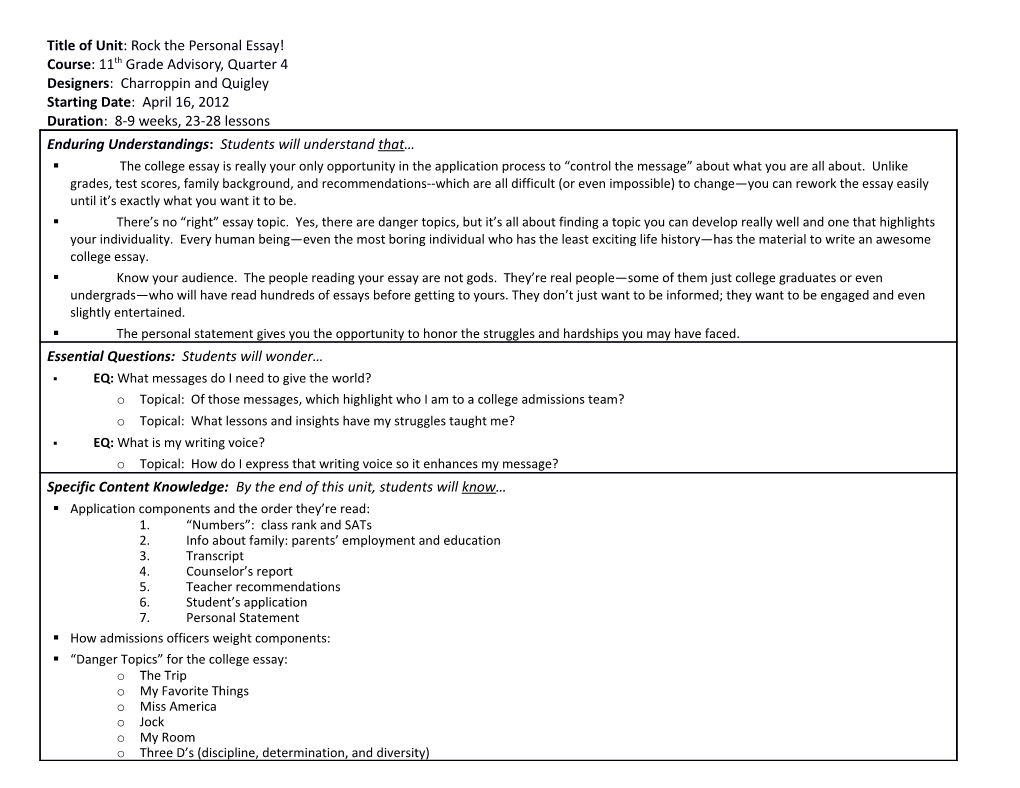 Title of Unit: Rock the Personal Essay! Course: 11Th Grade Advisory, Quarter 4 Designers