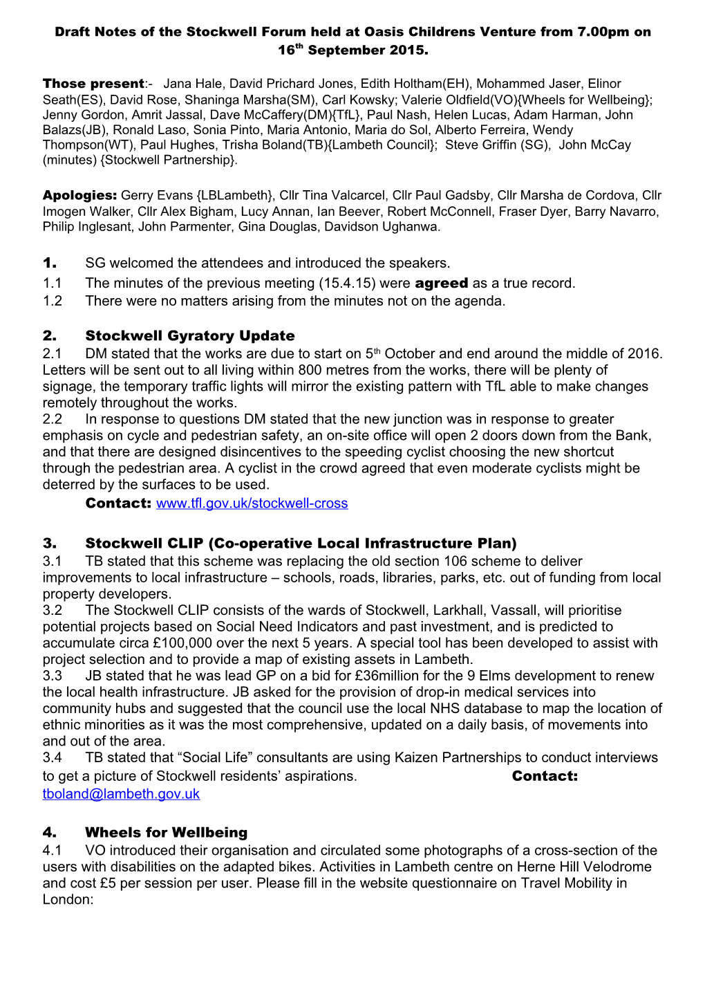 Minutes of the General Meeting of the Stockwell Partnership Held in the YMCA s1