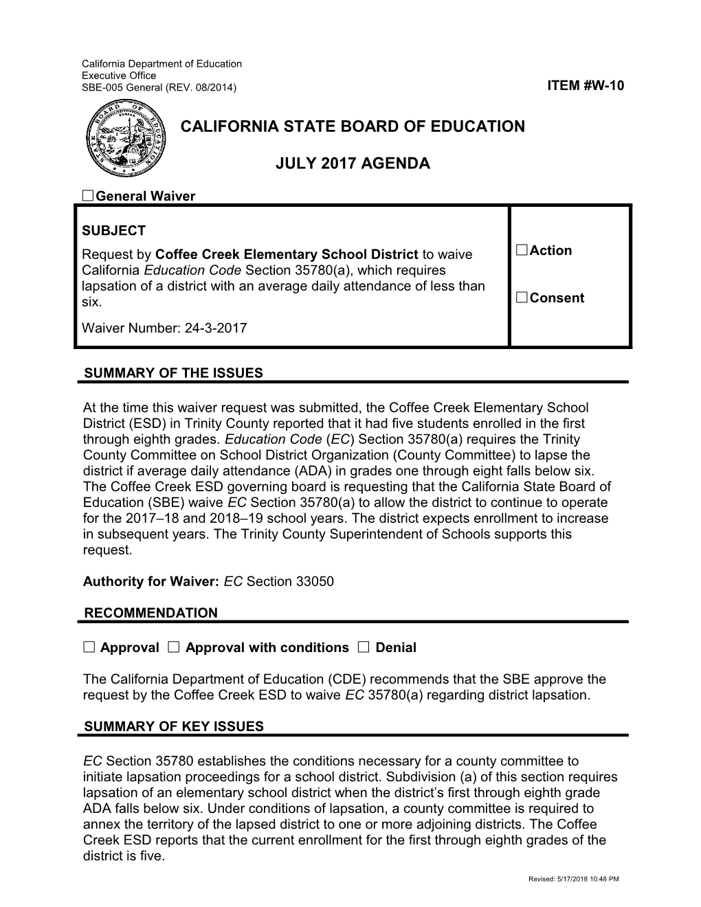 July 2017 Waiver Item W-10 - Meeting Agendas (CA State Board of Education) s1