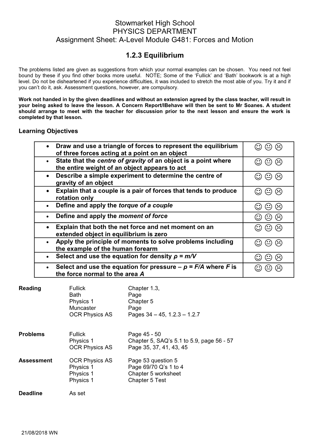 Assignment Sheet: A-Level Module G481: Forces and Motion