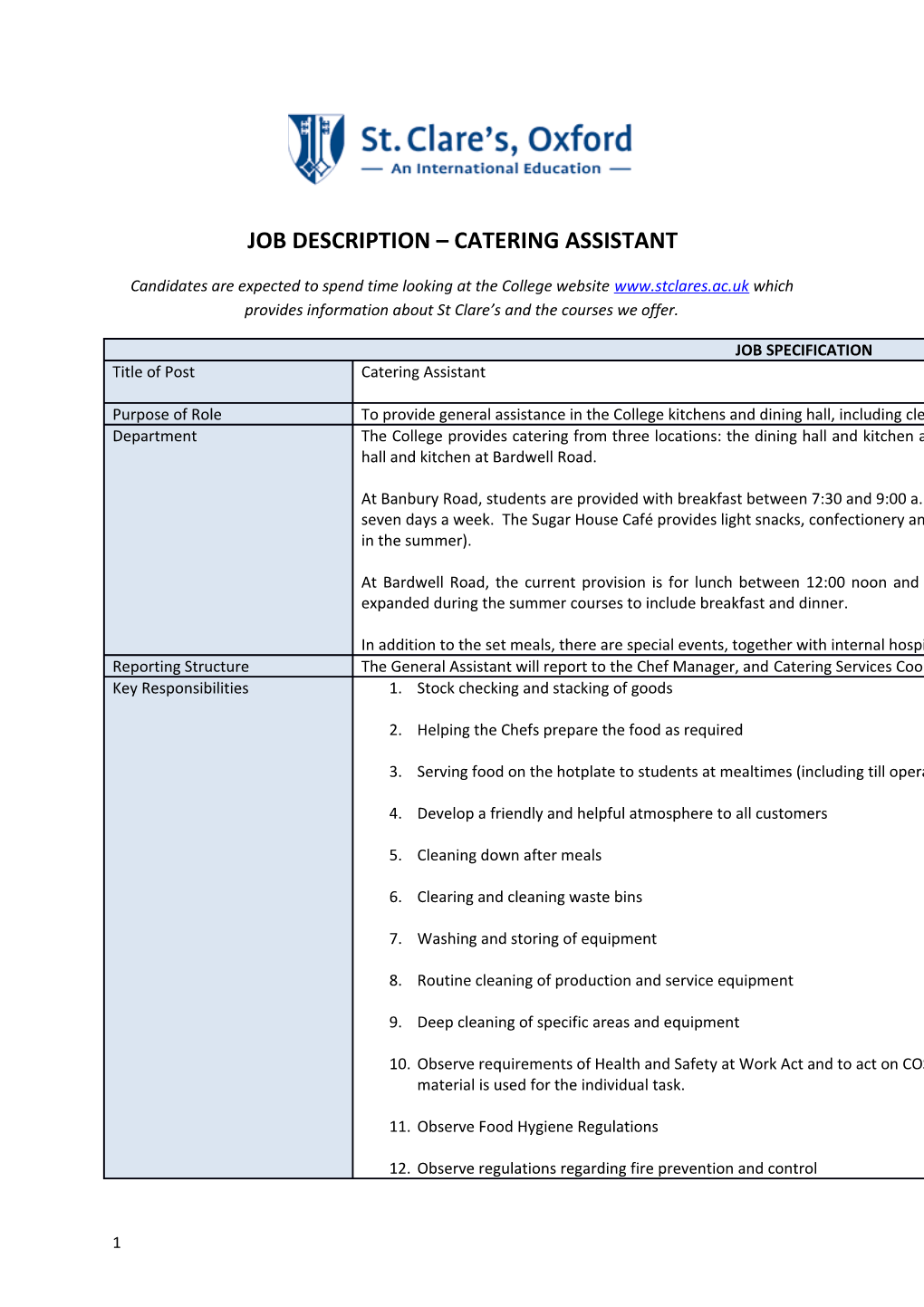 Job Description Catering Assistant