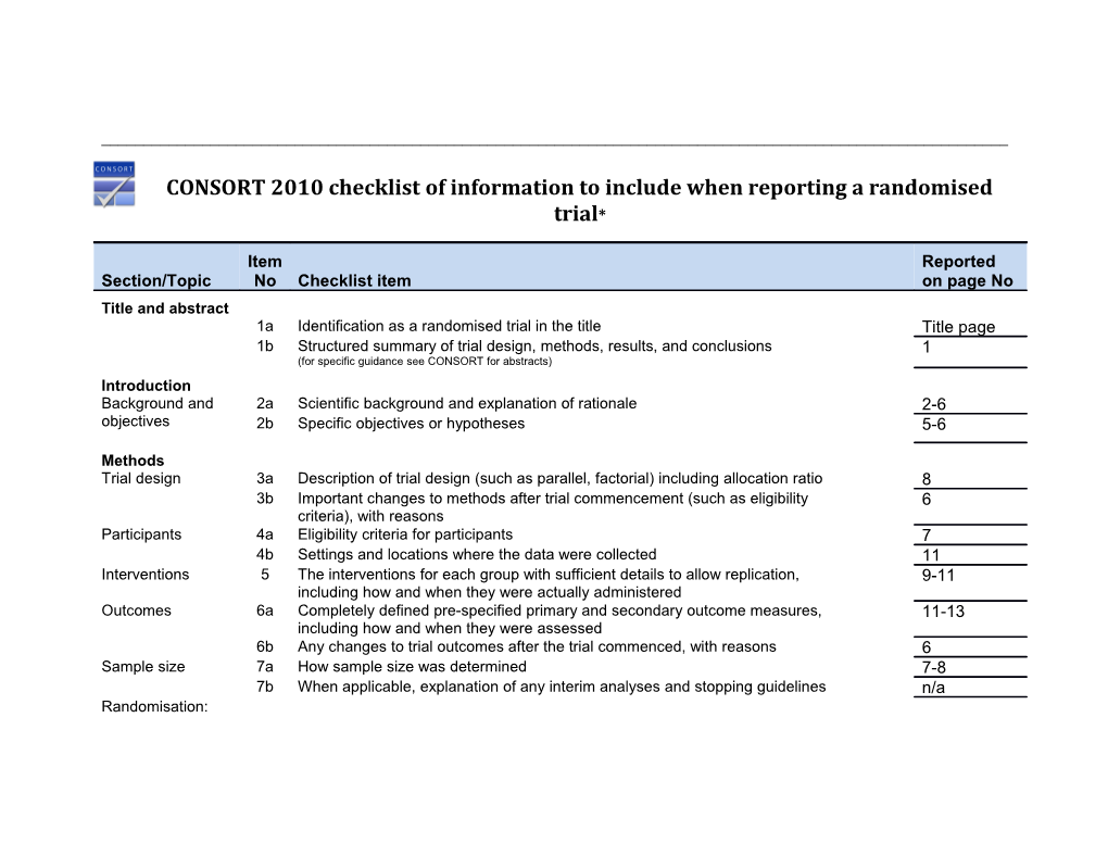 CONSORT 2010 Checklist of Information to Include When Reporting a Randomised Trial*