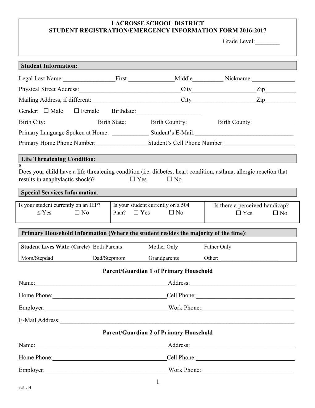 Waitsburg Elementary Student Registration/Emergency Form