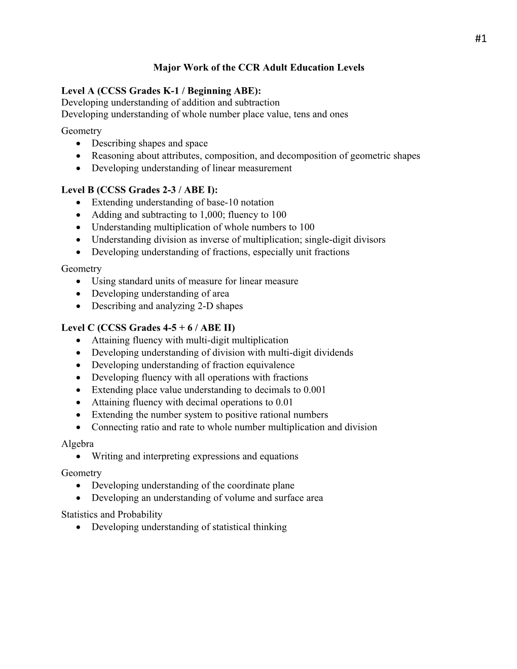 Major Work of the CCR Adult Education Levels