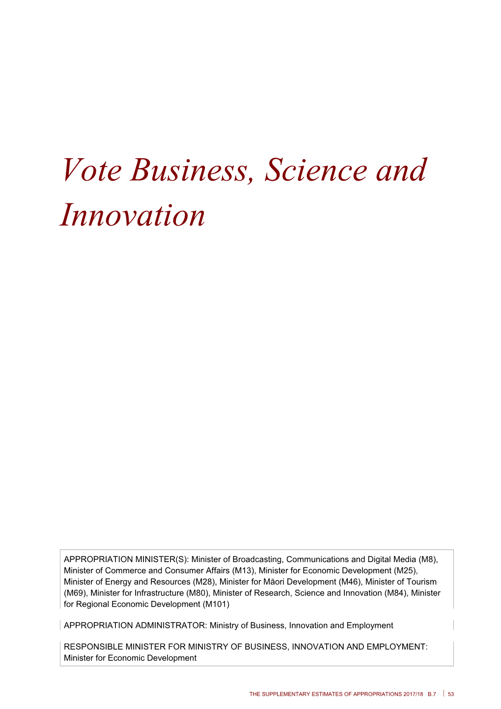 Vote Business, Science and Innovation - Supplementary Estimates 2017/18 - Budget 2018