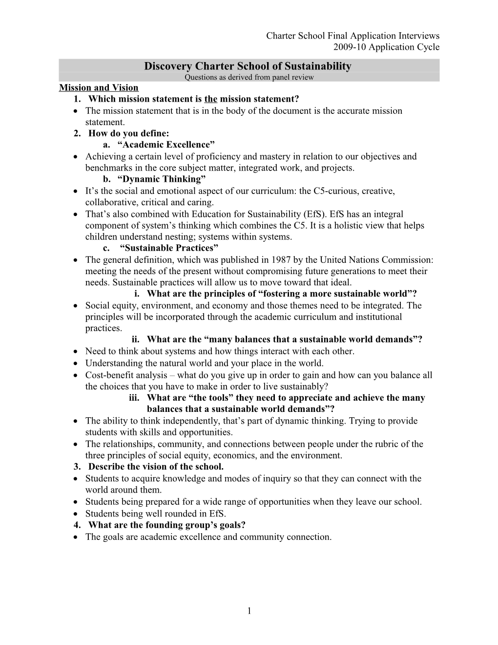 Discovery Charter School Of Sustainability, Standard Interview Questions For Founding Groups, February 2010