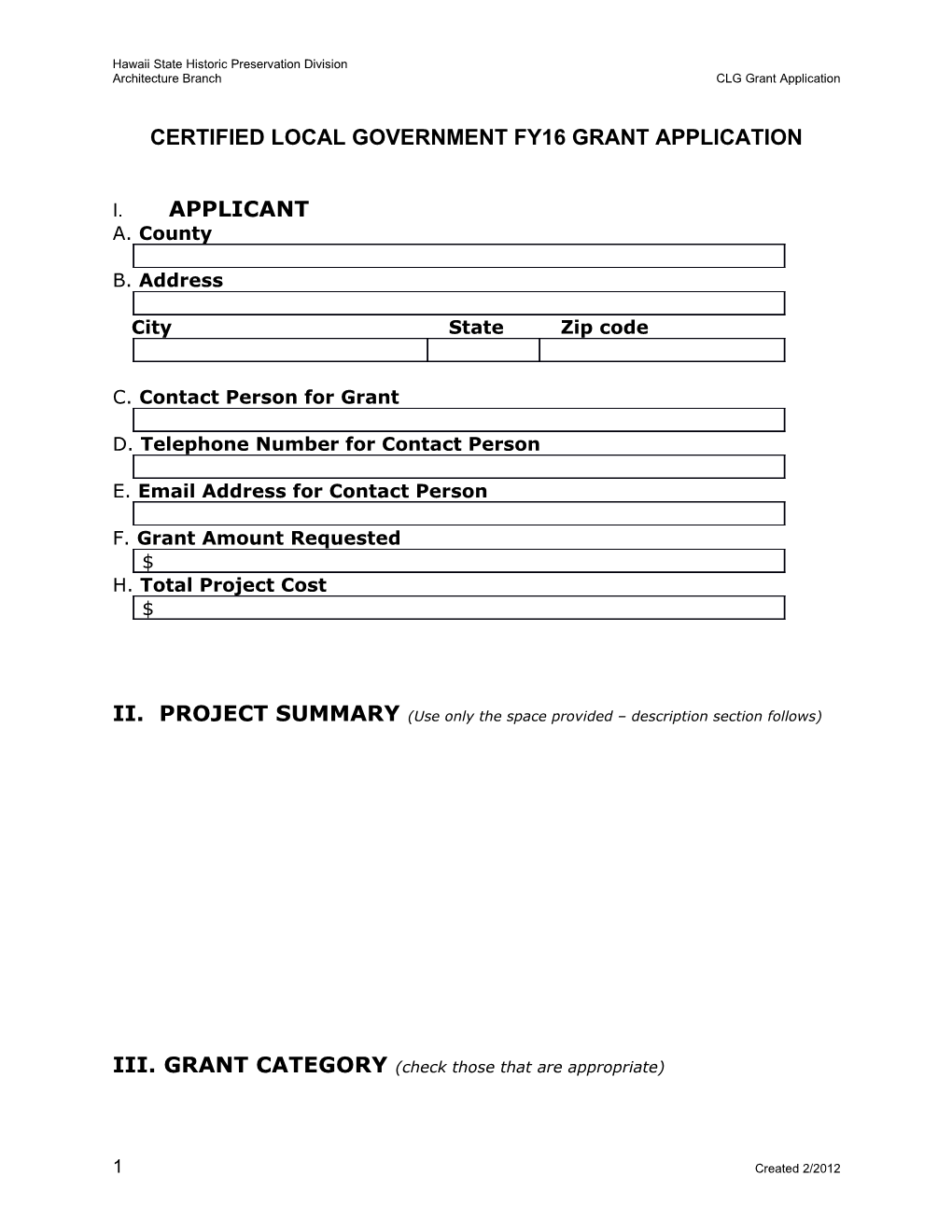 Certified Local Government Fy12 Grant Application