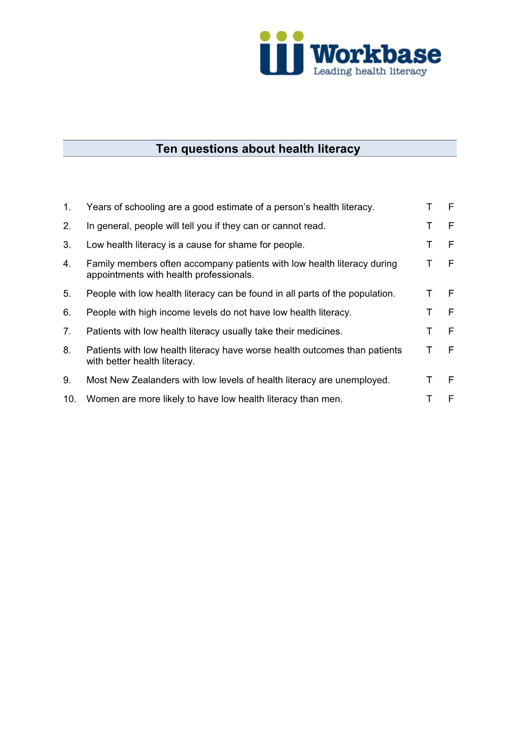 Ten Questions About Health Literacy