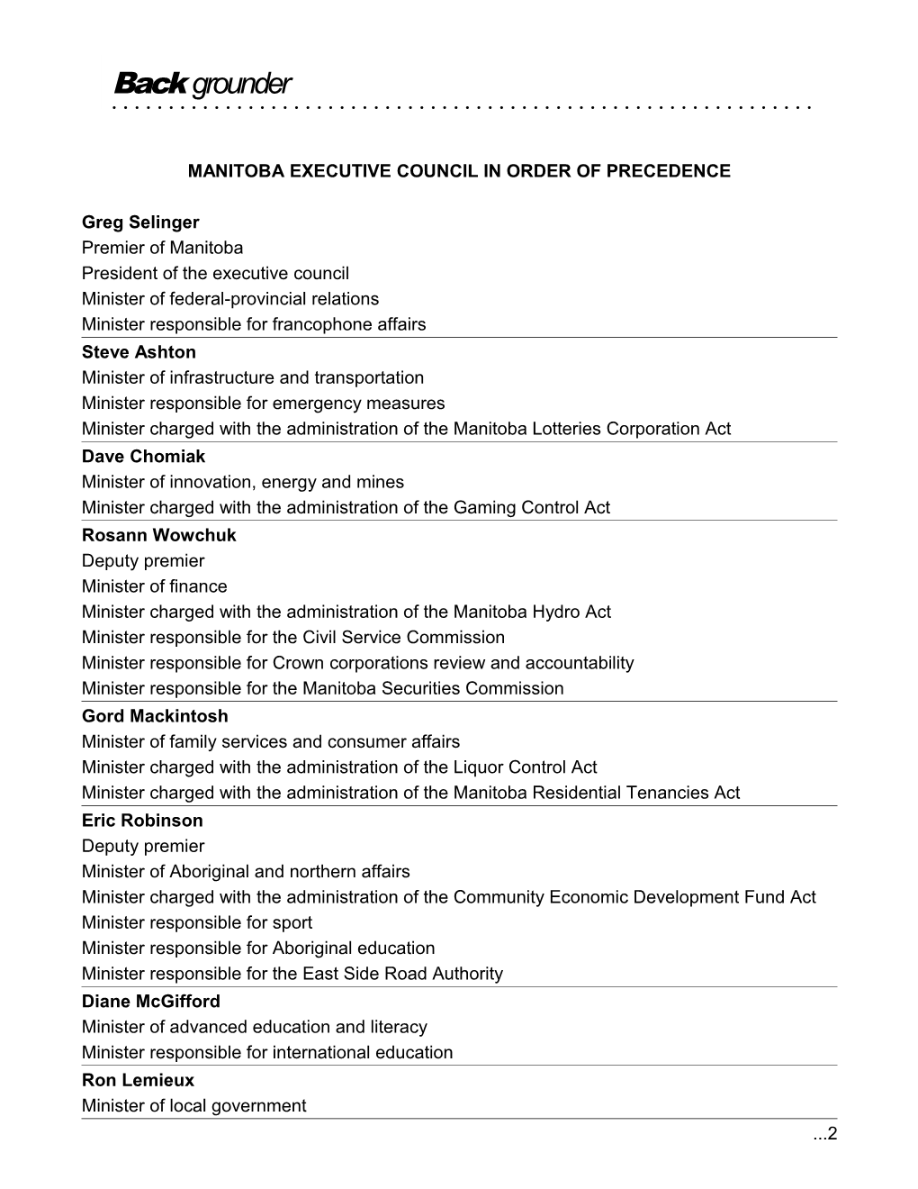 Manitoba Executive Council in Order of Precedence