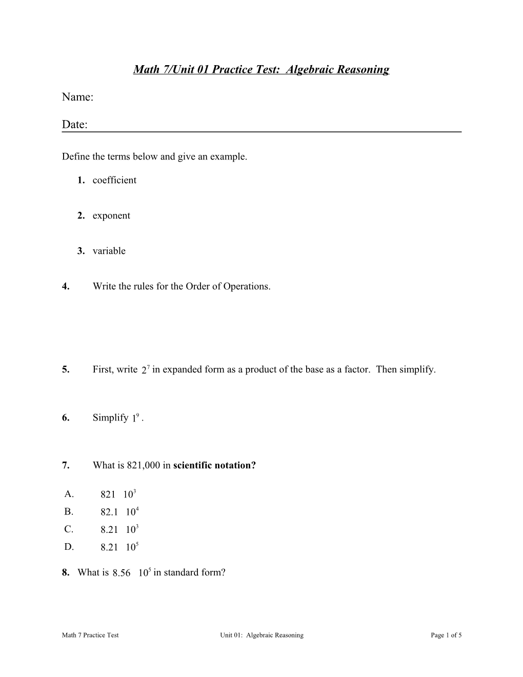 Math 7/Unit 01 Practice Test: Algebraic Reasoning