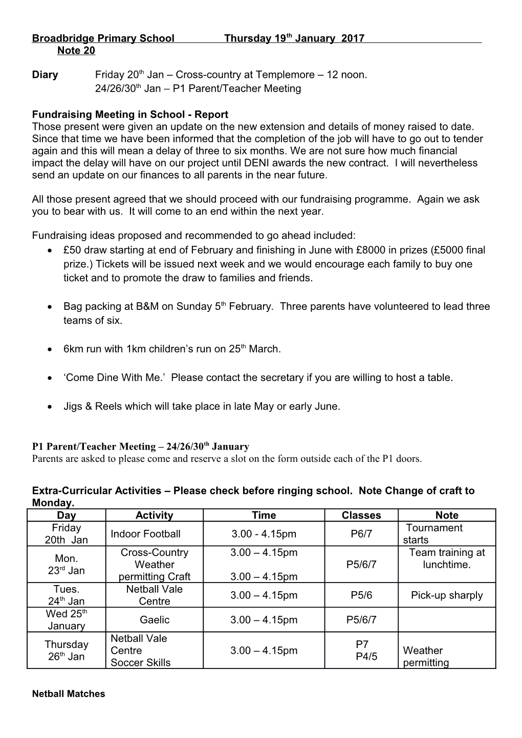 Broadbridge Primary School Thursday 19Thjanuary 2017 Note 20