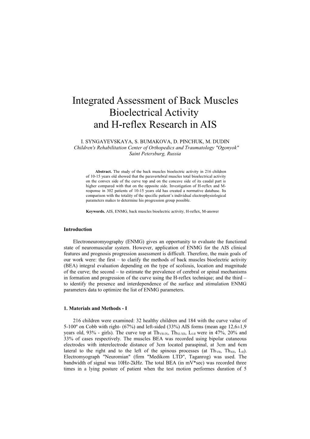 Integrated Assessment of Back Muscles Bioelectrical Activity