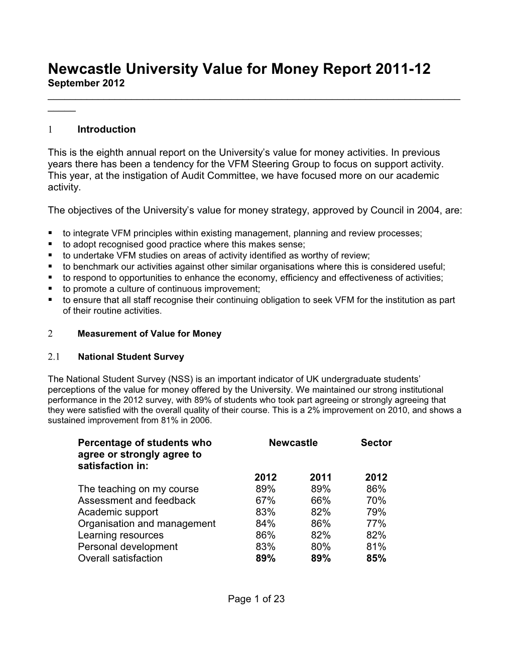 Newcastle University Value for Money Report 2011-12